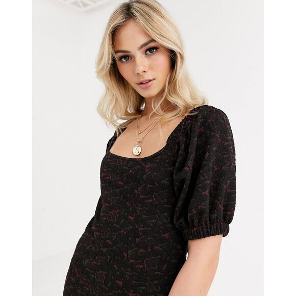 Free People Sunset Puff Sleeve Mini Dress Square Neck Black Combo Size Large - Picture 3 of 12